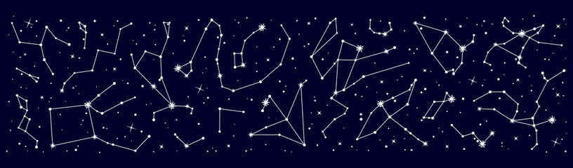 Star constellation border. Night sky map. Vector detailed chart displaying positions of celestial objects visible in night sky. Pattern for astronomy, esoteric, tarot, magic and mystic astrology - obrazy, fototapety, plakaty