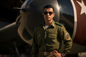 A south-east asian military airmen in green uniform and sunglasses standing in front of an aircraft
