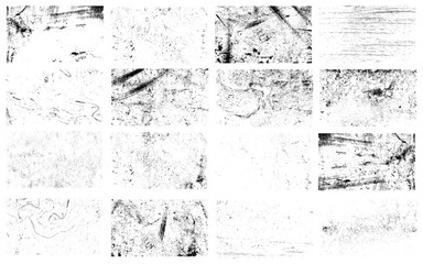 Collection of urban grungy textures. Dirty and distressed paint on old wall. Crackle line and scratch on concrete and stone surface. Abstract vector background in black and white color.