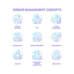 2D icons set representing vendor management concepts, isolated vector, thin line gradient illustration.