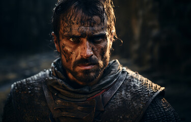 A portrait of a weathered medieval warrior with determination in his eyes, standing on fight scene