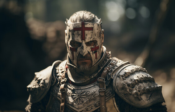 An eye-level capture of a templar knight with red cross cover mask, a mix of determination and fear reflected in his eyes, standing on fight scene  