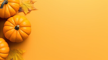 Yellow Thanksgiving or Halloween background with pumpkins and copy space. Generative AI.