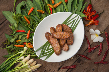 traditional luang prabang food , Lao grilled pork sausage. Sai kok, chunky Lao pork sausage