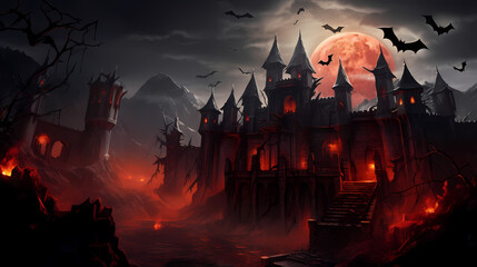 Halloween background with scary castle haunted ,Halloween background with Evil Pumpkin. Spooky scary dark Night forrest. Holiday event halloween banner background concept