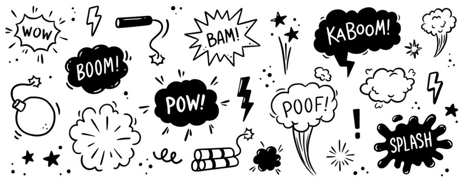 Comic bomb boom vector element. Hand drawn cartoon explosion bomb effect, splash, exclamation smoke element. Doodle hand drawn text boom, pow, wow. Vector illustration.