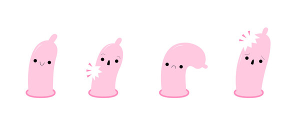 Condom cartoon characters set. Cartoon condoms. Safe sex, contraception. Cute kawaii emoji preservative. Vector illustration set isolation on a white background.