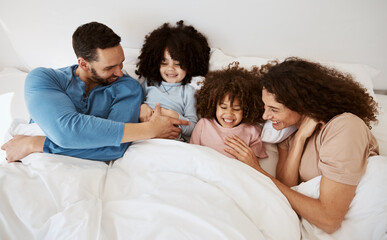 Home bedroom, happy children and parents relax, laugh and bond with kids, rest and enjoy quality time together. Bed, youth and top view of mother, father or family wellness, love and morning care
