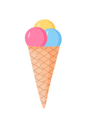 Cartoon ice cream in waffle cups cone. Vector  illustration of a summer dessert. Single color isolate on white.