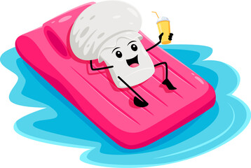 Cartoon cheerful champignon mushroom character float on a mattress in the sea, enjoying a relaxing summer vacation under the warm sun on the beach. Isolated vector vegetable personage on holidays