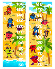 Fototapeta premium Kids height chart with berry pirates and corsairs on island. Vector growth meter with honeyberry, barberry and blackberry. Strawberry, gooseberry, and blueberry. Cranberry or cherry cartoon characters