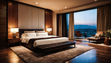 overview of luxury badroom with warm lights at evening with view at mountains, generative AI