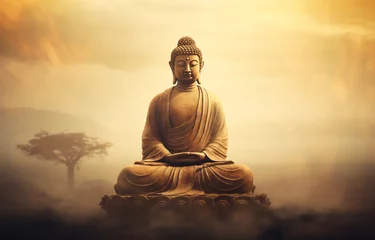 Fototapeten A statue of Amitabha Buddha in meditation pose in the middle of mist, vintage style  © 1by1step