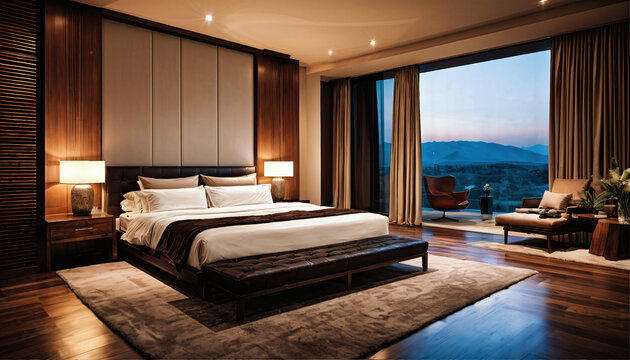 overview of luxury badroom with warm lights at evening with view at mountains, generative AI