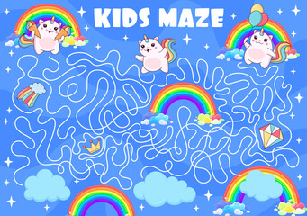 Kids labyrinth maze. Help to caticorn cat and kitten characters find magic items. Labyrinth puzzle, search path game or quiz vector worksheet with fairytale caticorn cat funny personage on rainbow