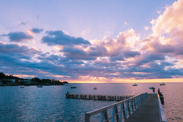 Obraz premium Dramatic View to the Wooden Pier in the Sunset light, Guadeloupe