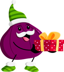 Cartoon Christmas ripe raw figs fruit character with gift box. Isolated vector Santa helper personage with present, mustaches and cheerful smile, wear green striped elf hat, spreading holiday cheer