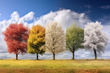 Fototapeta premium Changing seasons. Trees transition, leaves shift hues, vibrant autumn foliage paints the landscape.