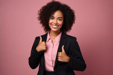 Business Woman Thumbs Up Looking at You Black Woman Pink Background