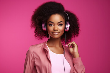 Woman Listening to Music with Headphones Black Woman Pink Background