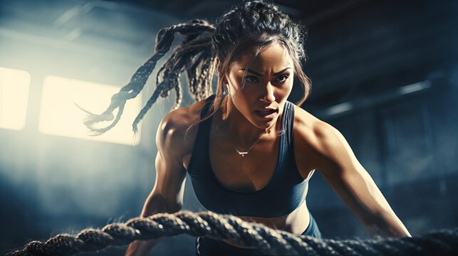 Woman doing battle rope workout at gym