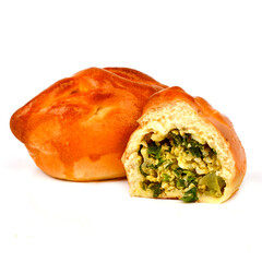 Patties with green onion and egg on a white background