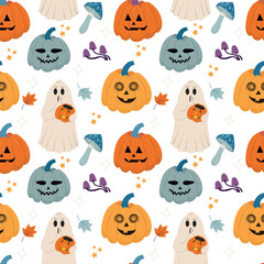Naklejka premium Halloween seamless pattern design with ghost and pumpkin. Great for prints, digital paper, textile