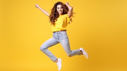 Fototapeta na wymiar Full length photo of shiny lovely young lady wear casual denim outfit smiling dancing isolated yellow color background