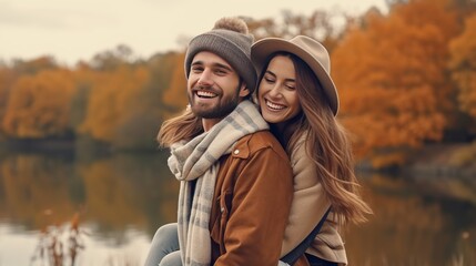 Lovely couple having fun together in nature. Fashion couple enjoying autumn. Boyfriend carrying his girlfriend on piggyback.Young couple walking near lake in autumn