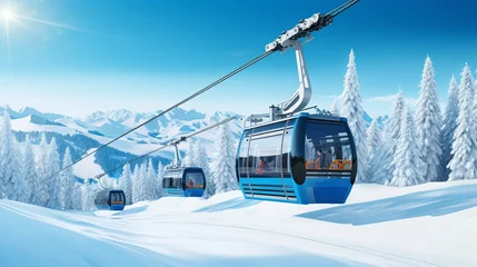 Wall murals Gondolas New modern spacious big cabin ski lift gondola against snowcapped forest tree and mountain peaks covered in snow landscape in luxury winter alpine resort