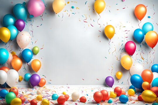 Beautiful happy birthday colorful balloons and confetti on a white background