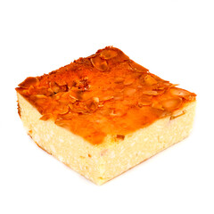 Raspberry-peach cottage cheese casserole on a white background