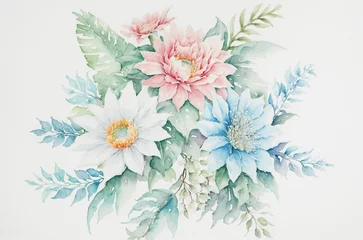 Fotobehang Watercolor art background vector. Wallpaper design with winter flower paint brush line art. © mangolovemom