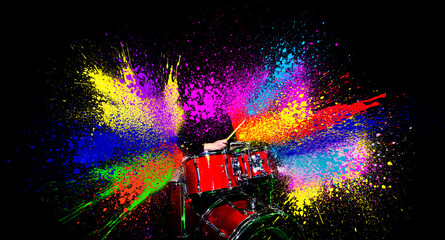 Drum stick drumming hit beat rhythm on drum surface with splash painting drops. Abstract...
