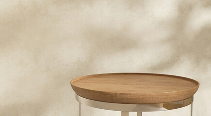 Round wooden table podium tray, gold steel leg in sunlight, leaf shadow on beige brown stucco wall. Luxury beauty, cosmetic, skincare, body care product, food, drink display background 3D
