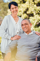 Obraz premium Senior couple outdoor, love and smile, support and trust with bonding and marriage. Life partner, retirement together and romance, people in garden or park portrait with healthy relationship and care