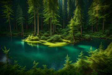 Beautiful forest landscape with lake and reflection of trees. Generative AI