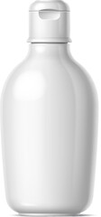 Realistic cosmetics product bottle, plastic container isolated 3d vector mockup. White sleek cosmetic flask with secure cap, designed to dispense the perfect amount of product. Blank packaging object