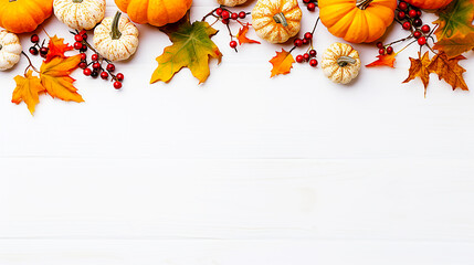 Autumn leaves and autumn fruits on white background with copy space