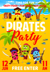 Obraz premium Kids party flyer. Cartoon vitamin pirates and corsairs on tropical island. Children holiday event promo vector banner or party poster with C, B1, P and B5 vitamin pills pirates cheerful personages