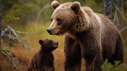 Fototapeta premium Grizzly bear and her cub in the summer forest.