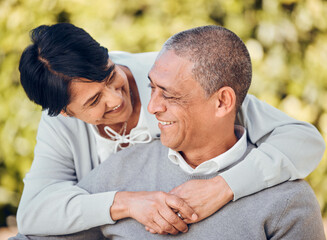 Love, smile and senior couple hug in a park with care, bond and enjoying relationship outdoor....