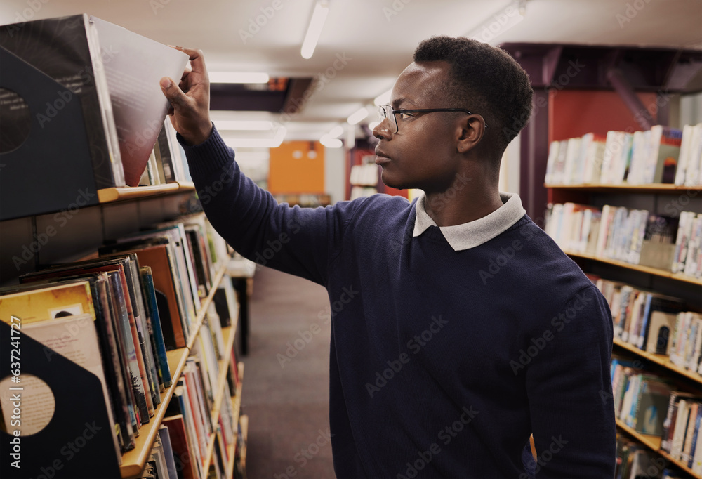 Poster university, books and black man in a library reading and learning on campus for knowledge and educat