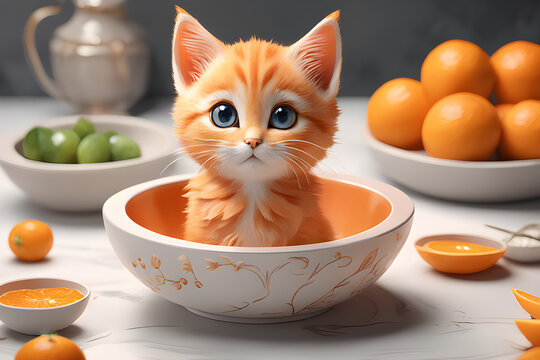 A small orange pet kitten sits in a jar on a table with an orange nearby