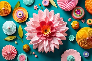 growing floral background from paper flowers, blooming pattern, papercraft, candy pastel colors, bright hue palette