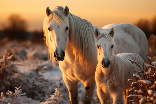 Horses are standing in the golden sunset. Generative ai