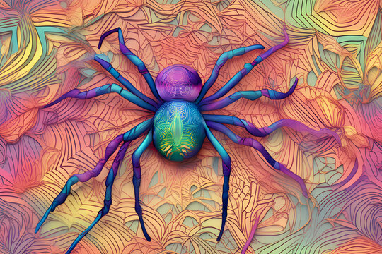 An Ai painting that takes the form of a colorful spider in the mind of a man due to the condition of arachnophobia.