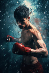 Young man boxing in a dark room, in the style of precisionist lines
