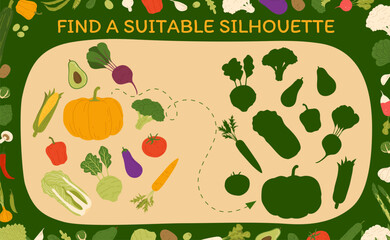 Find a suitable silhouette of harvest raw vegetables kids vector game worksheet. Shadow match children riddle with avocado, corn cob, pumpkin and beetroot. Broccoli, eggplant, tomato and kohlrabi