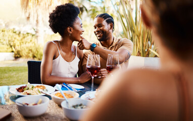 Outdoor lunch, friends and happy black couple, woman and man wipe, cleaning and remove food from...